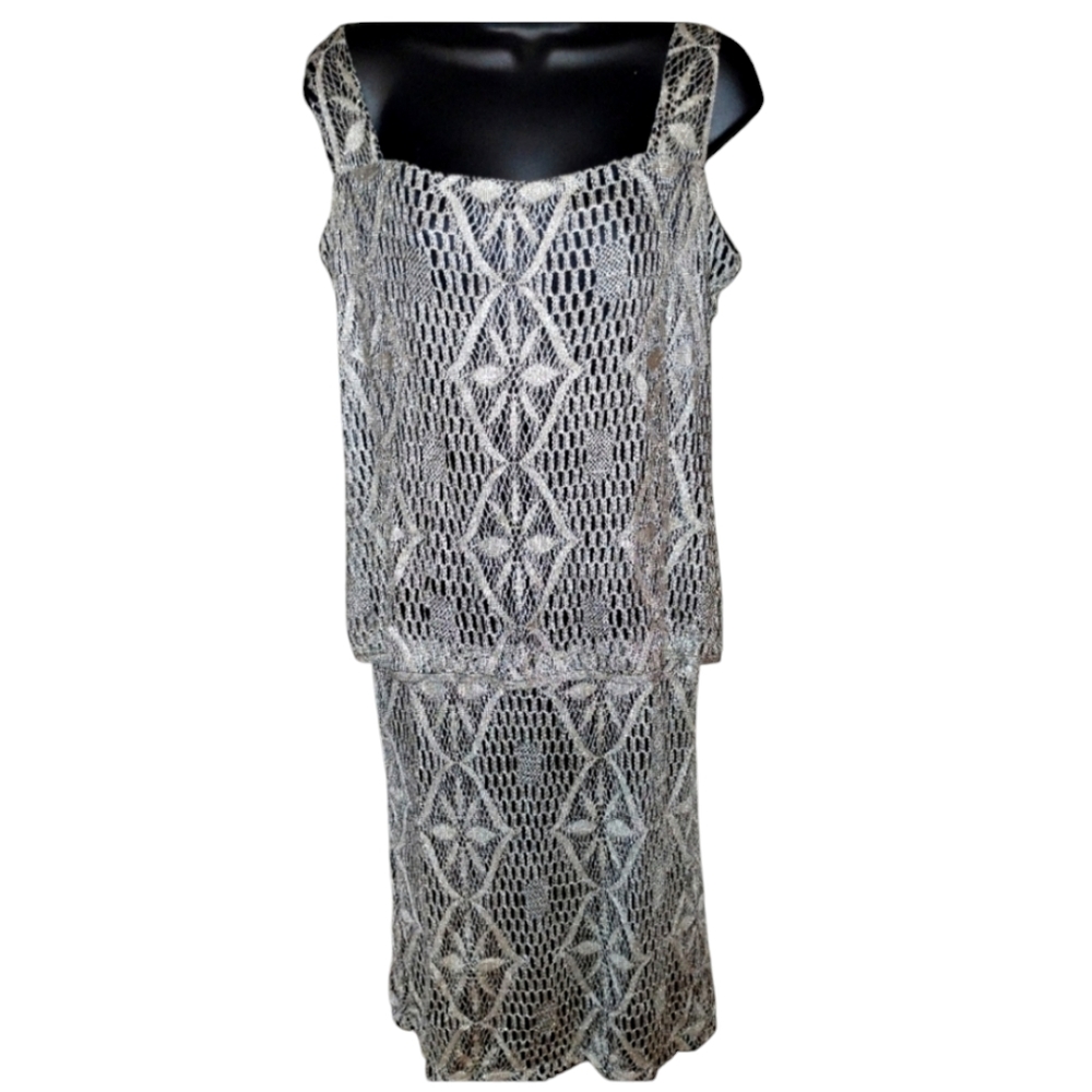 Damianou sleeveless shift dress, metallic silver gold lace overlay